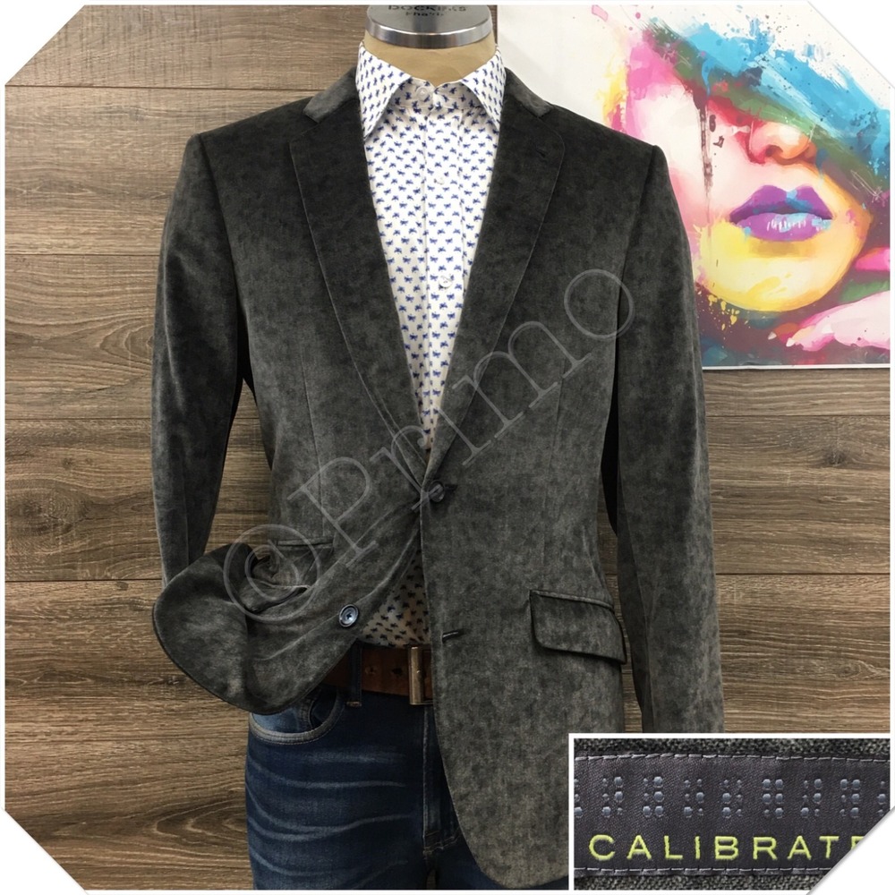 CALIBRATE Mens Velvet Blazer Sport Coat Casual Jacket Size 40R Classic Gray Suit